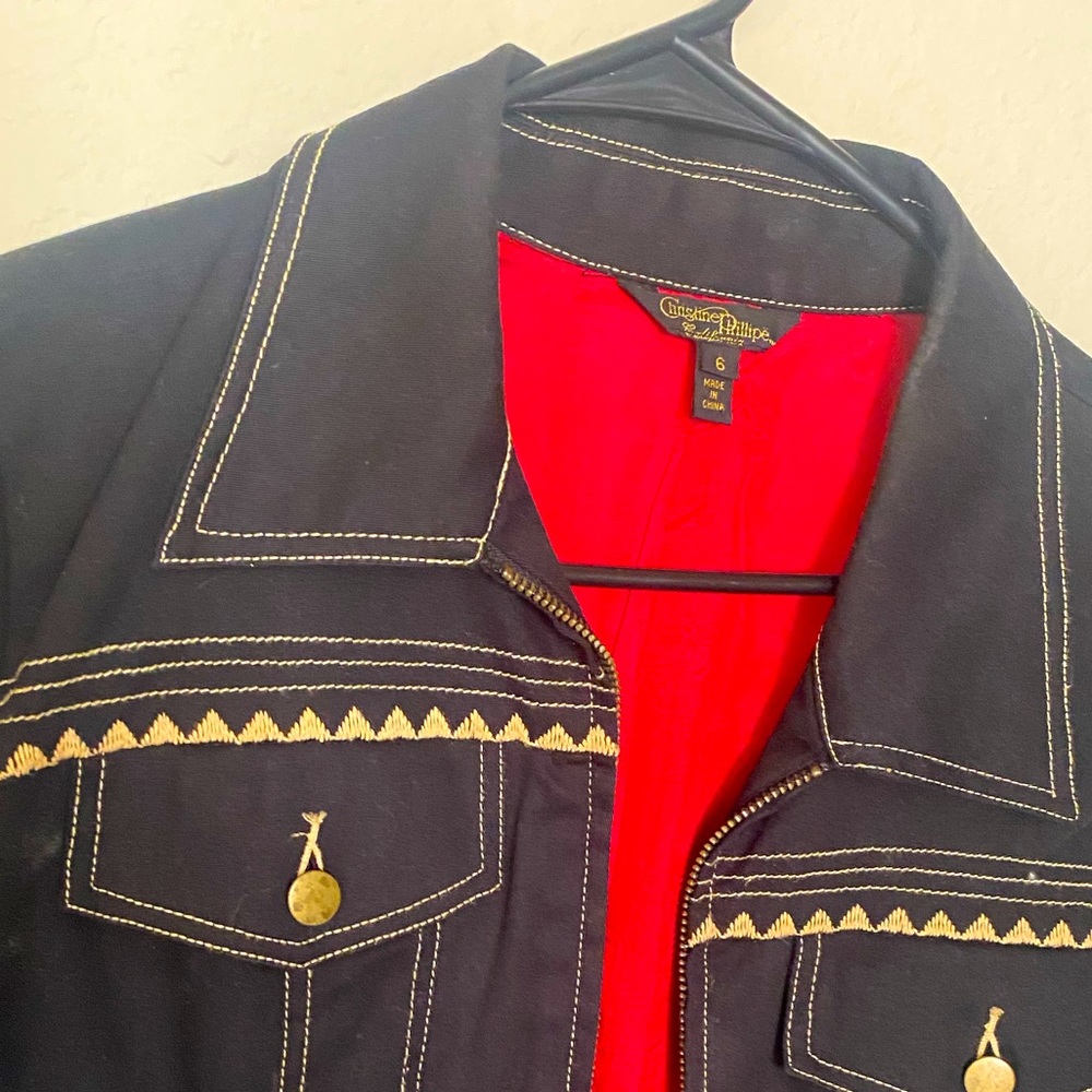 christine Phillipe Jean jacket with Ruby red interior